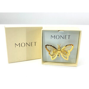 Vintage Monet Butterfly Brooch Gold Tone Openwork Pin Signed With Original Box